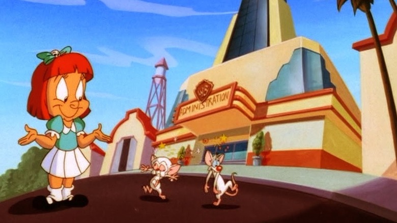 Elmyra, Brain, and Pinky outside Warner Bros studio