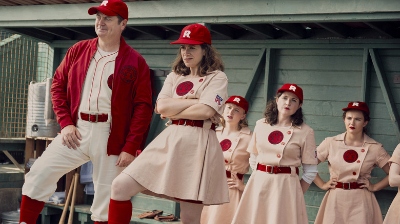 the Rockford Peaches stand in the dugout