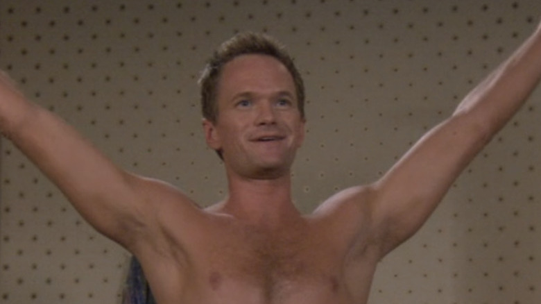 Barney shirtless arms raised