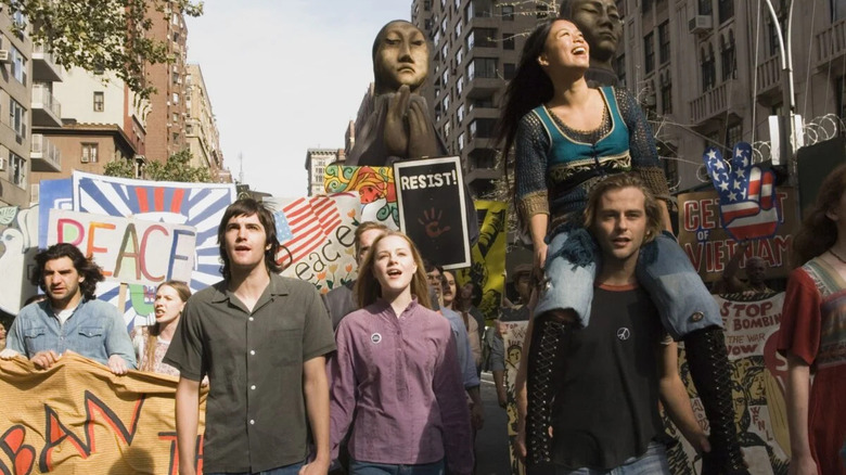 Protestors marching on New York City streets 