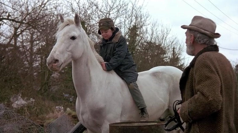 Grandpa watches grandson on horse