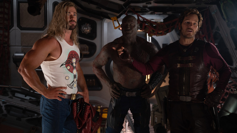 Thor Love and Thunder's Thor, Drax, and Starlord in ship talking