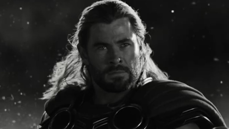 Thor looking concerned in black-and-white