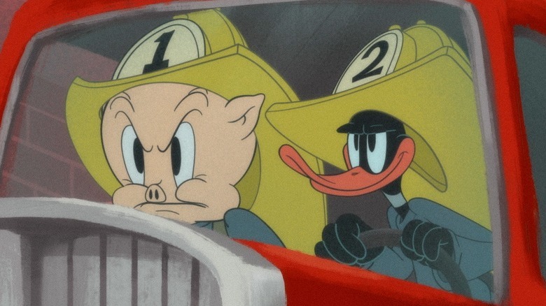Porky Pig and Daffy Duck as firefighters