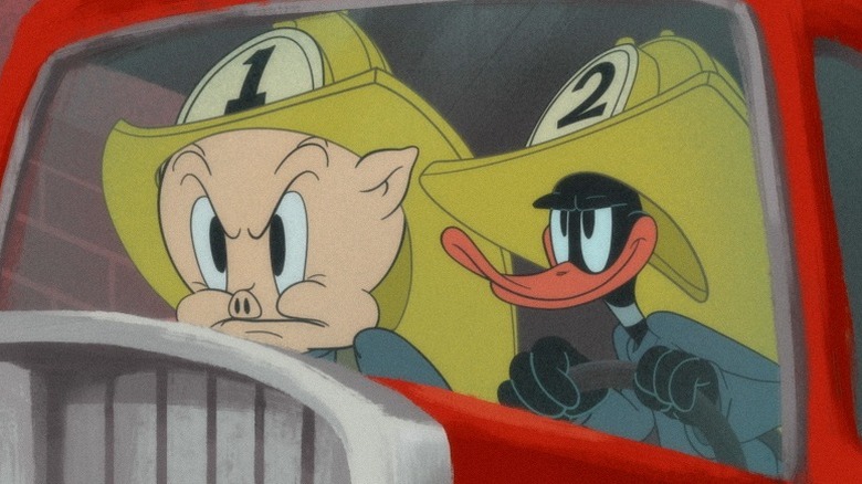 Porky Pig and Daffy Duck as firefighters