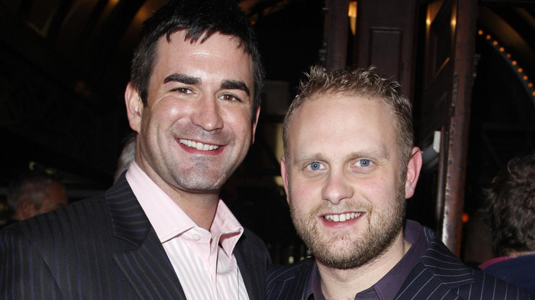 Marc Bannerman and friend attend the Spamalot press night in 2008