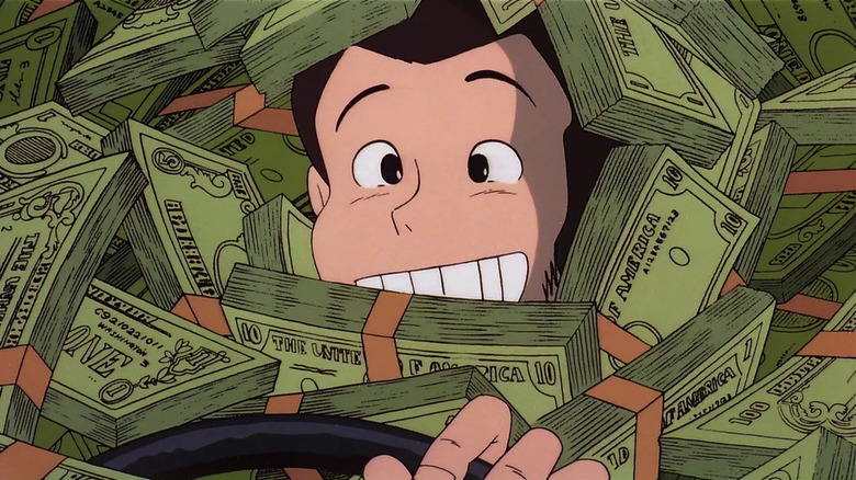 Lupin surrounded by money in car