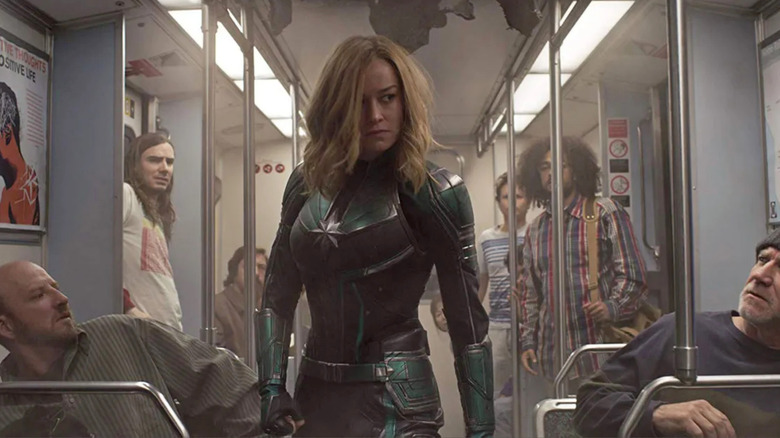 Carol Danvers hunts enemy on subway in "Captain Marvel"