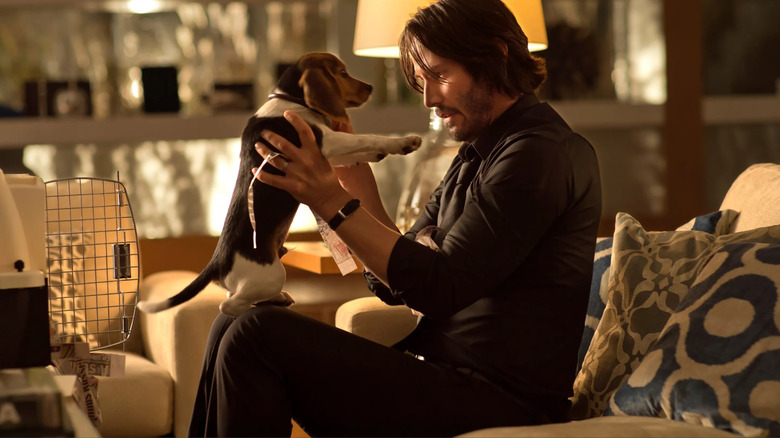 John Wick holds up puppy