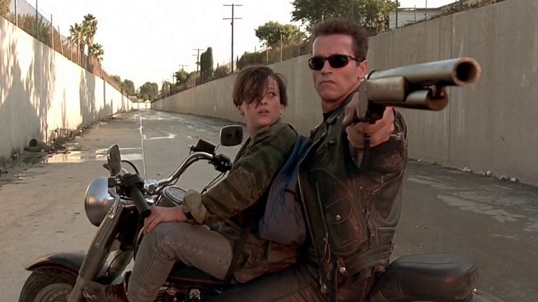 Terminator and John Connor on motorcycle