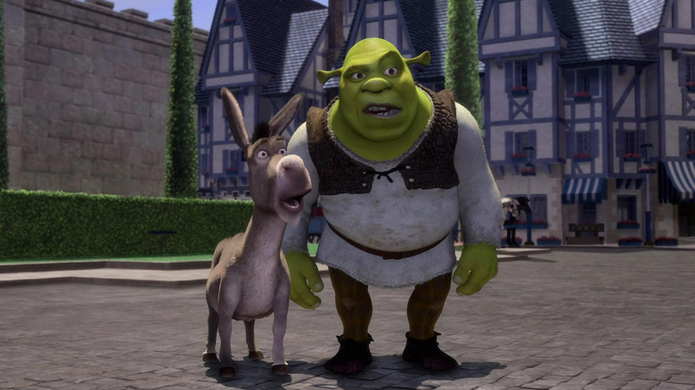 Shrek and Donkey looking dumfounded at Duloc performance