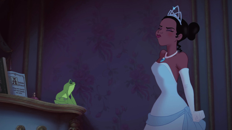 Tiana preparing to kiss frog Naveen