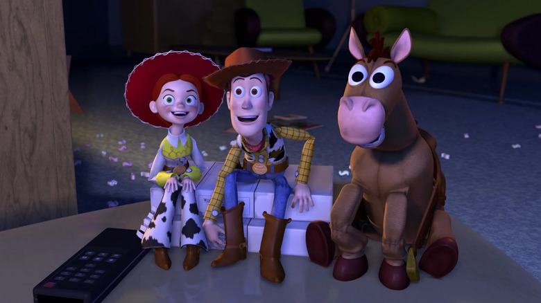 Woody, Jessie, and Bullseye watching TV