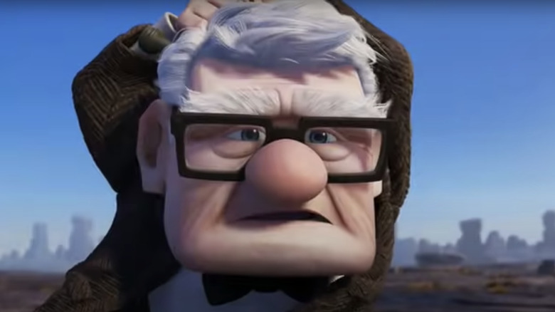 Carl Fredricksen against blue sky