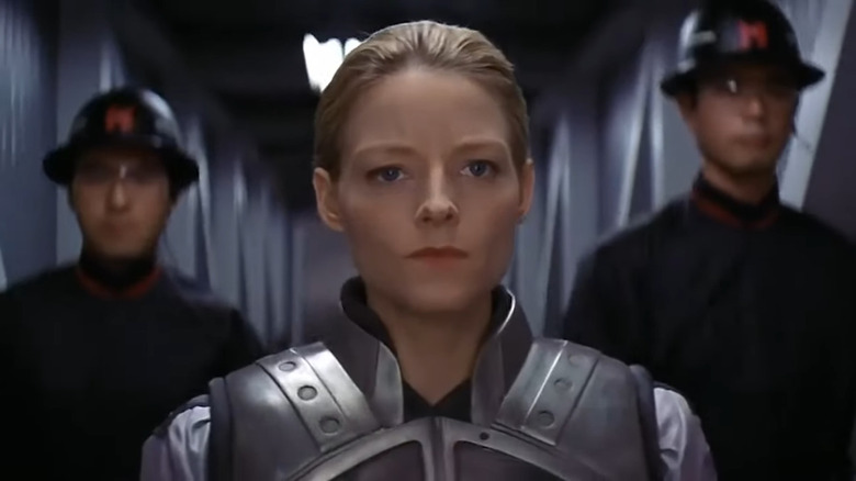 Jodie Foster as Dr. Allie Arroway in her spacesuit prepared to enter the machine in Contact