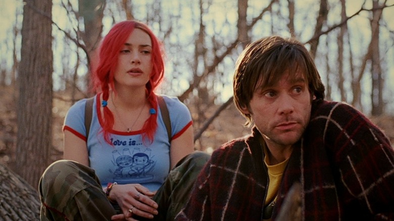 Kate Winslet and Jim Carrey as Clementine and Joel, in the woods, in Eternal Sunshine of the Spotless Mind