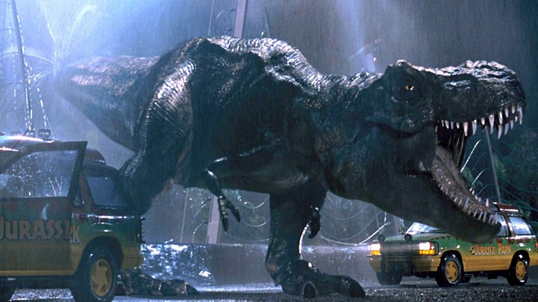 The T-Rex rampages through Jurassic Park