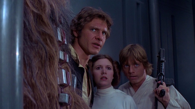 Han, Leia, and Luke (and Chewbacca, too) aboard the Death Star in Star Wars: A New Hope