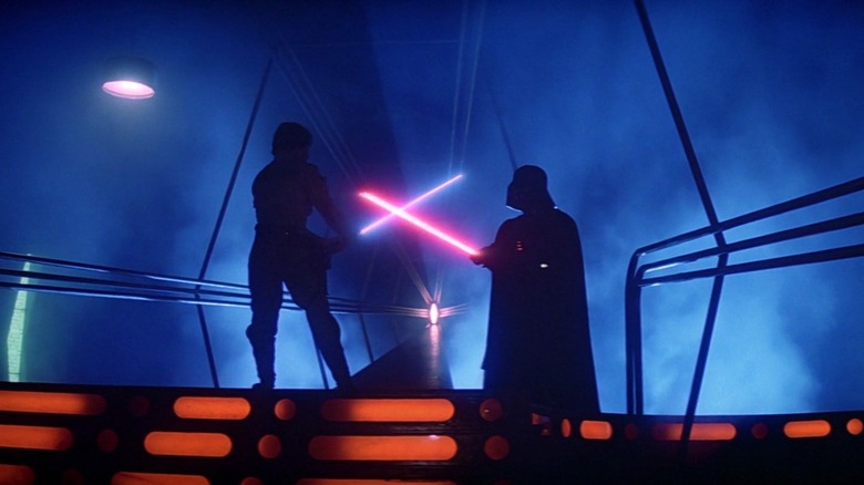 Luke Skywalker and Darth Vader prepare for their lightsaber battle on Cloud City in The Empire Strikes Back