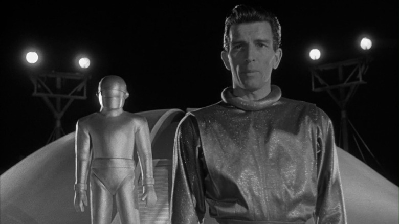 Gort and Klaatu (Michael Rennie) in front of their spaceship in The Day the Earth Stood Still 1951