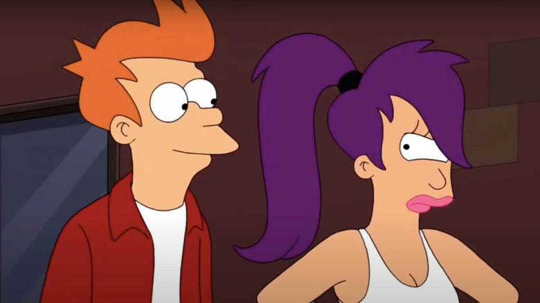 Fry looking at angry Leela