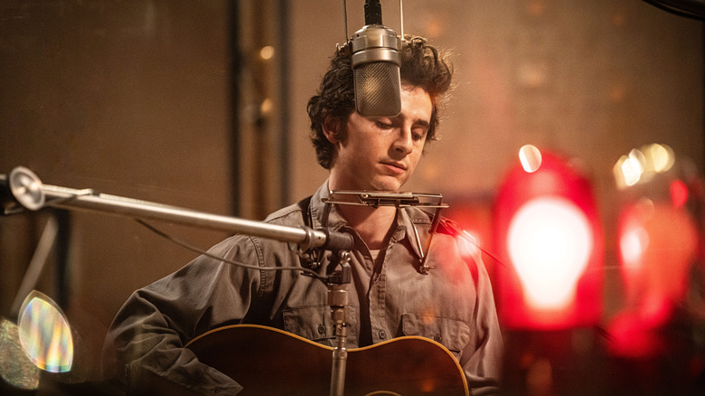 Bob Dylan in recording studio in A Complete Unknown