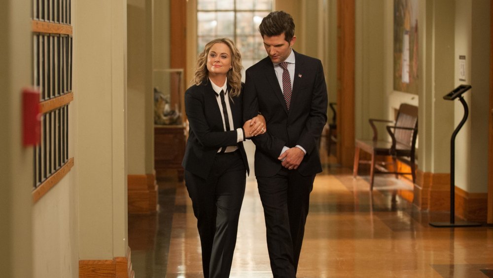 Amy Poehler as Leslie Knope and Adam Scott as Ben Wyatt on Parks and Recreation