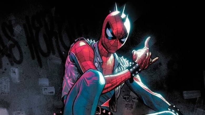 Spider-Punk showing the horns sign