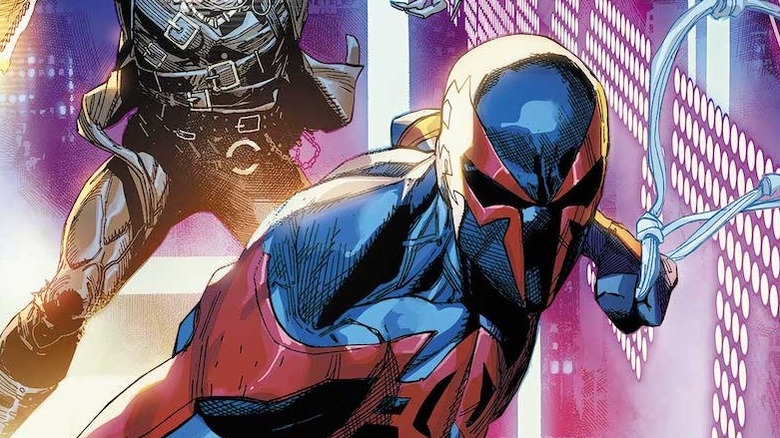 Spider-Man 2099 swinging on web