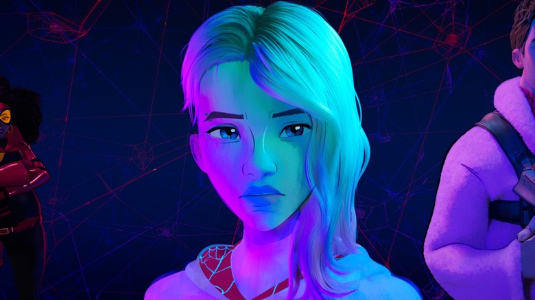 Gwen Stacy bathed in blue and pink light 