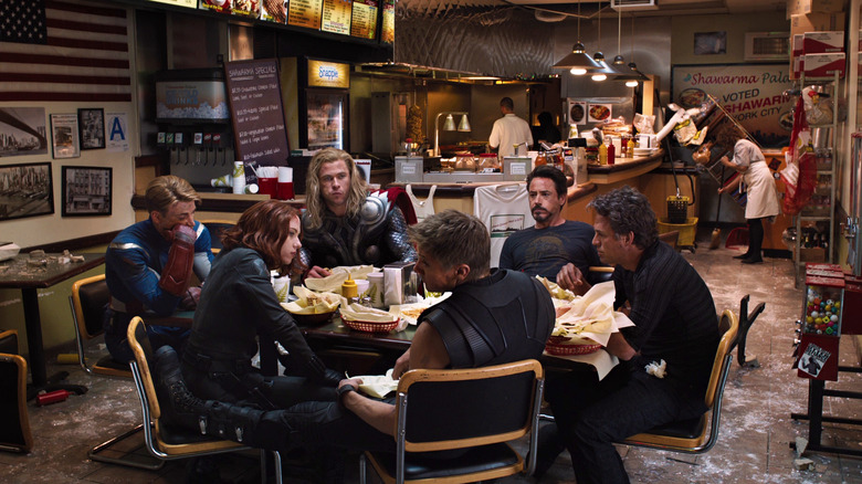 The Avengers eating shawarma