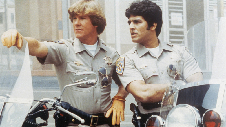 Baker and Ponch astride their bikes on "CHiPs"