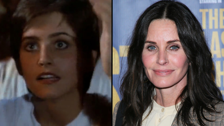 Young Courteney Cox in the Dancing in the Dark video; older Courtney Cox at a movie premiere