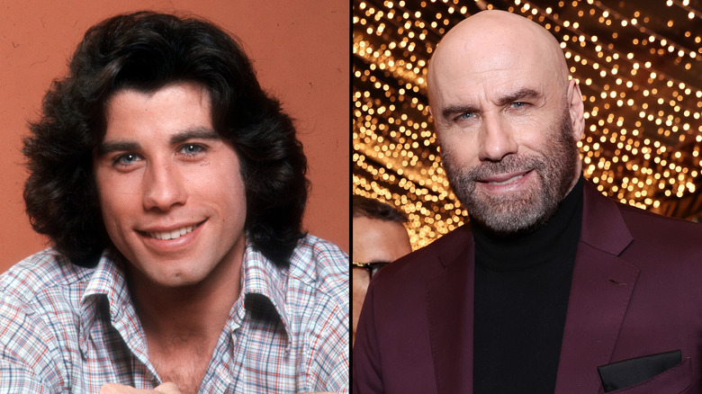 Young, long-haired John Travolta in the 1970s; bald and bearded Travolta from 2022