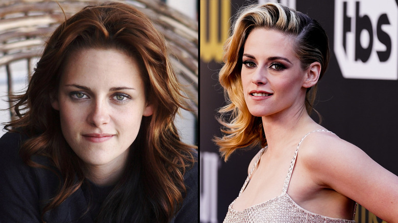 Kristen Stewart in a photoshoot in 2008; Blonde-haired Kristen Stewart at a red carpet