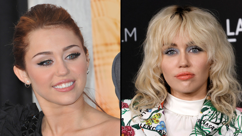 Miley Cyrus at the premiere for The Last Song; older Miley Cyrus with blonde hair at an event
