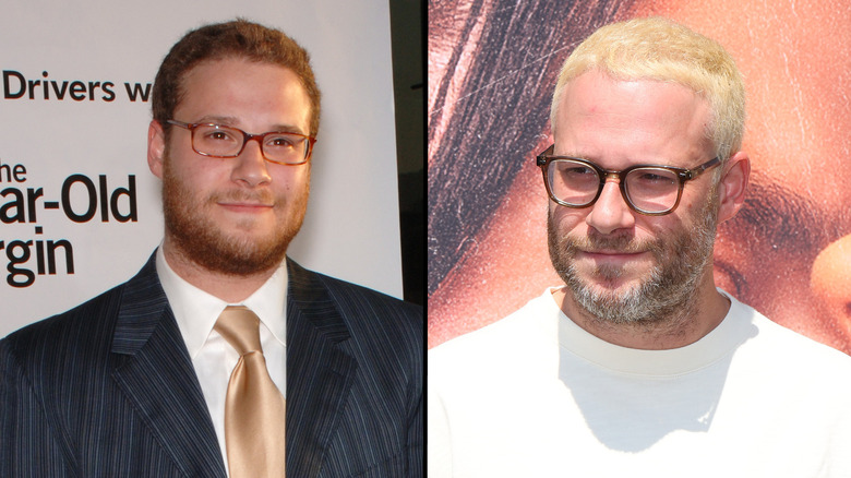 Seth Rogen at a movie premiere in 2005; blonde Seth Rogen at a premiere