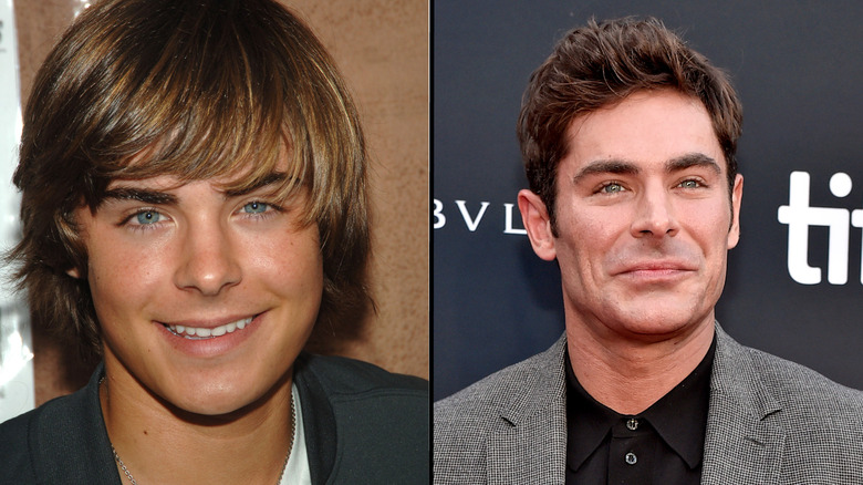 Young Zac Efron with moppy emo hair; older Zac Efron at an event