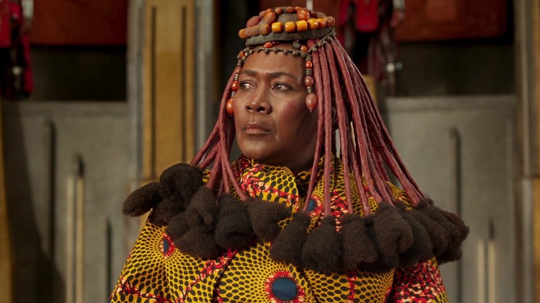 Connie Chiume wearing Wakandan headdress