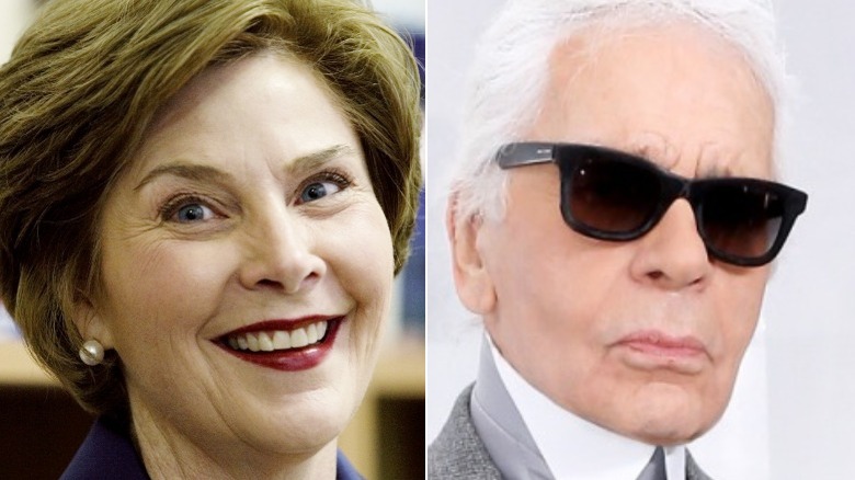 Laura Bush smiling, Karl Lagerfeld frowning