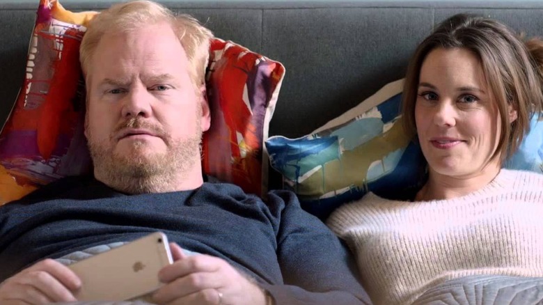 Jim Gaffigan lays in bed next to his wife