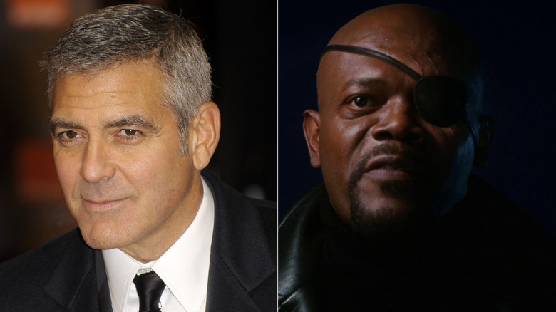 George Clooney looks forward/ Samuel L. Jackson eye patch