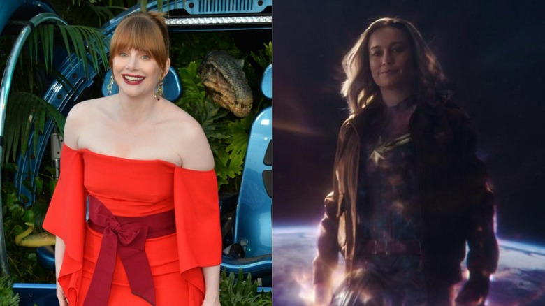 Bryce Dallas Howard in front of dinosaur / Brie Larson in space