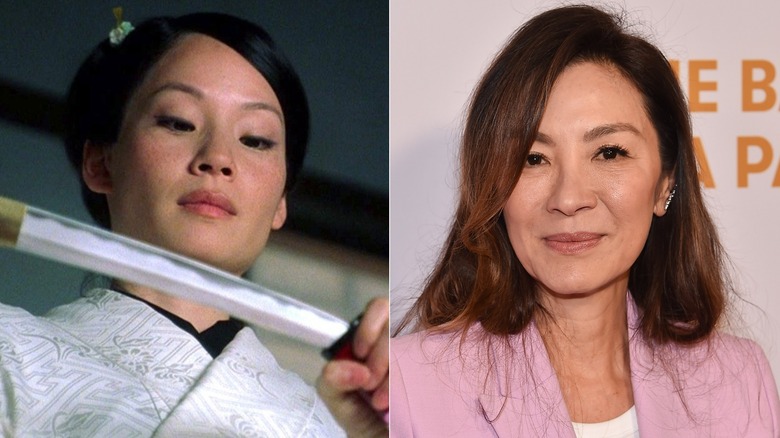 Liu drawing a katana in Kill Bill; Yeoh at a BAFTA event