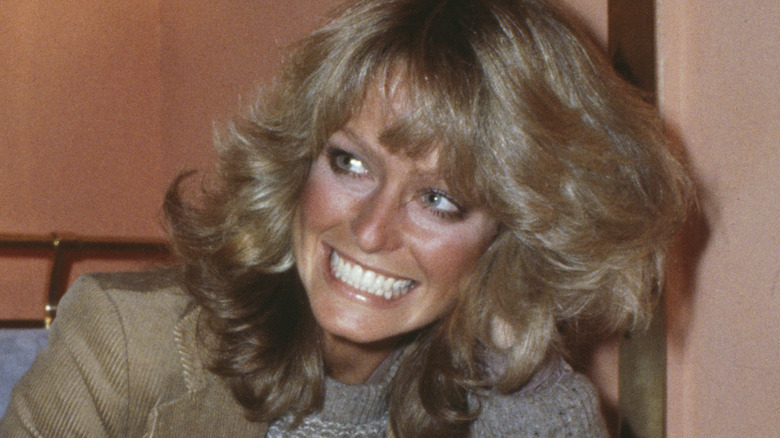 Farrah Fawcett smiling brown blazer