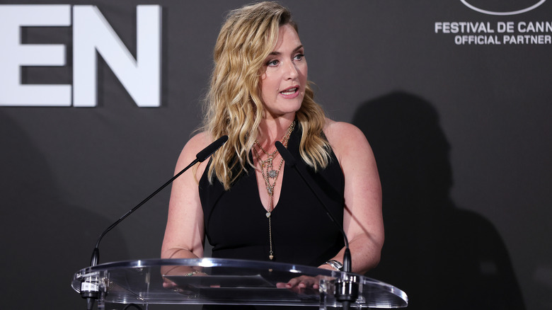 Kate Winslet speaking at the Cannes Film Festival