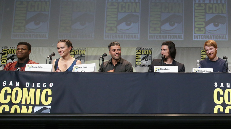 John Boyega, Daisy Ridley, Oscar Isaac, Adam Driver, and Domhnall Gleeson at the Hall H Panel for "Star Wars: The Force Awakens" during Comic-Con International 2015 at the San Diego Convention Center on July 10, 2015 