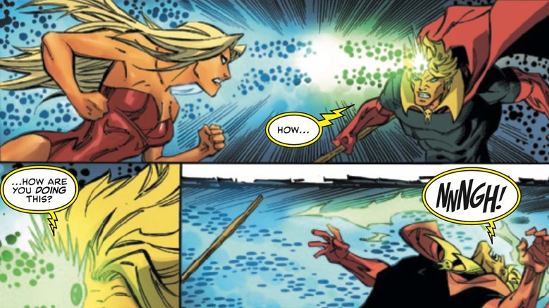 Eve Warlock overpowering Adam Warlock with energy blast in comic panel