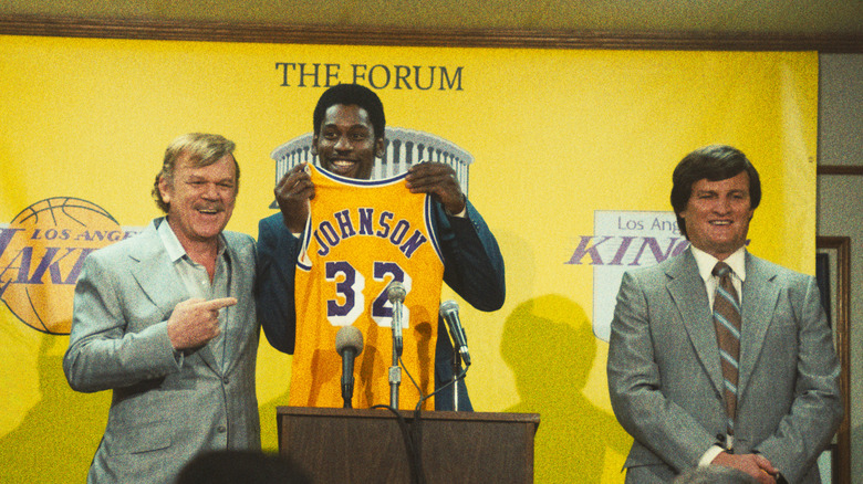 John C. Reilly, Quincy Isaiah and Jason Clarke introducing a new jersey in "Winning Time"