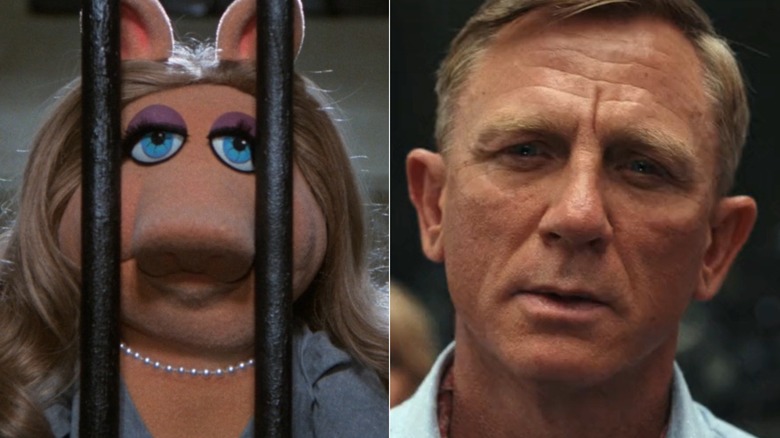 Miss Piggy in The Great Muppet Caper (left) and Daniel Craig as Benoit Blanc in Glass Onion (right)